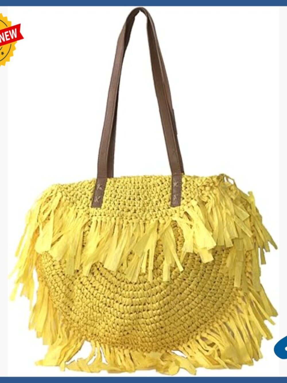 Large Woven Straw Tote Bag with Fringe Trim, Zipper Closure, Shoulder Strap